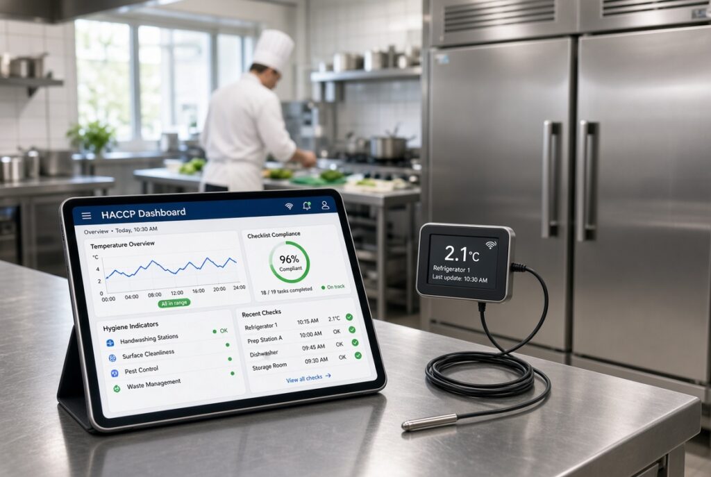 Tablette affichant un tableau de bord HACCP dans une cuisine de restaurant, avec un capteur de température